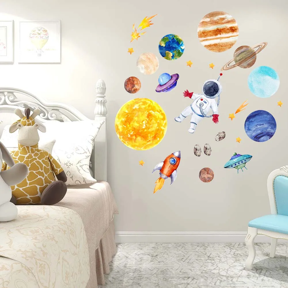 Мультяшная Настенная Наклейка на солнечную систему с планетами декор для