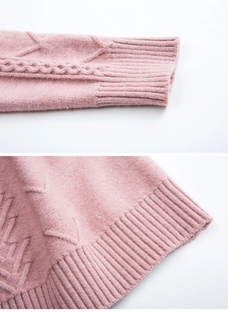 Soft Cozy Cashmere Cotton Blend Embossing Pullover Sweater Autumn Winter Women Clothes Basic Jumper Pull Femme Pink Sweater