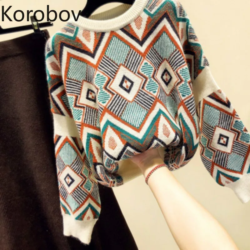 korobov autumn winter new arrival women sweaters long sleeve plaid o-Neck pullovers OL 79074 | Женская одежда