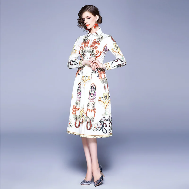 В винтажном стиле С принтом женские осеннее платье с длинными рукавами