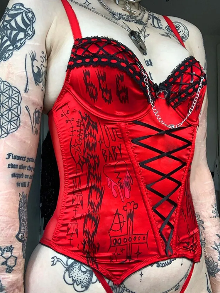 InsGoth Gothic Sexy Lace Up Red Corset Camis Aesthetic Emo Letter Print Backless Crop Tops Y2K Grunge Punk Chain Summer Camisole | Женская