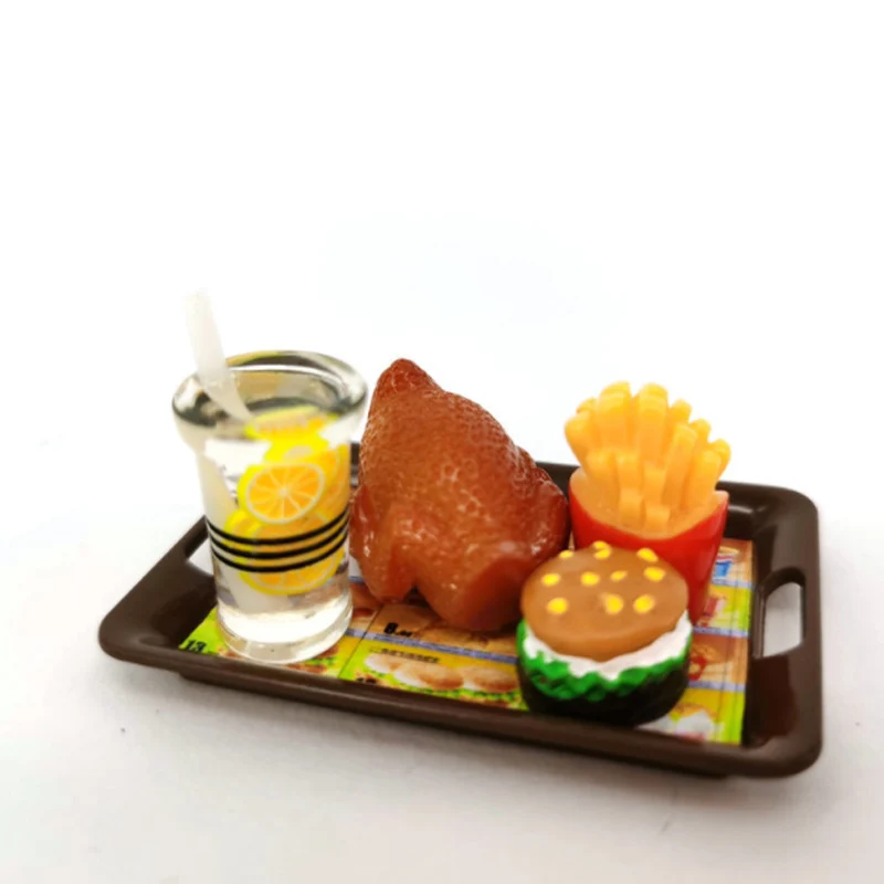 

1Set New Creative 1:12 Dollhouse Mini Plate Hamburger Roast Chicken French fries Orange Juice Food Accessories Kids Toy