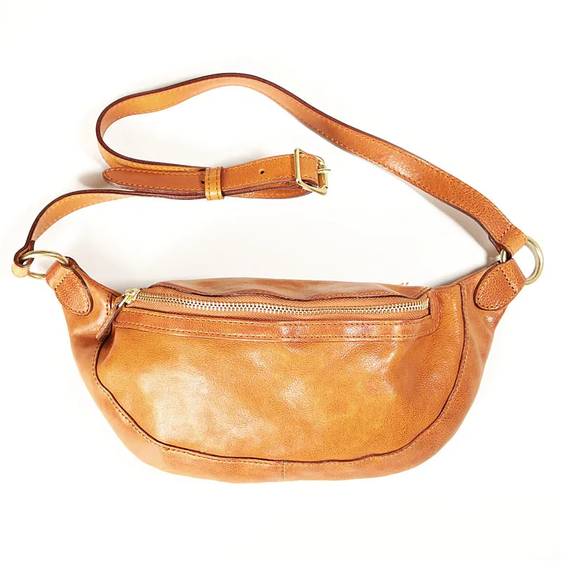 Retro fashion designer teenager natural genuine leather small chest bag casual outdoor daily sports cellphone waist bag women