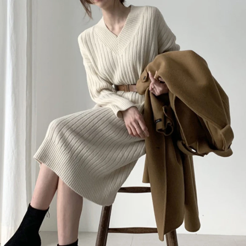 

2021 New Autumn Sweater Women Dress Winter Long Sleeve Sweaters Knitted Dresses Womens Loose Maxi Oversize Knitting Robe Vestido