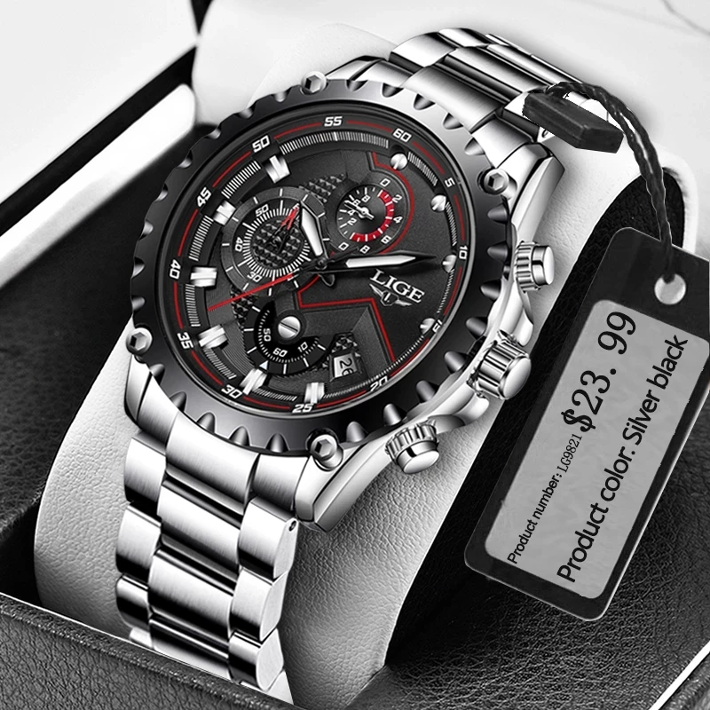

2020 LIGE Fashion Mens Watches Top Luxury Brand Silver Stainless Steel 30m Waterproof Quartz Watch Men Army Military Chronograph