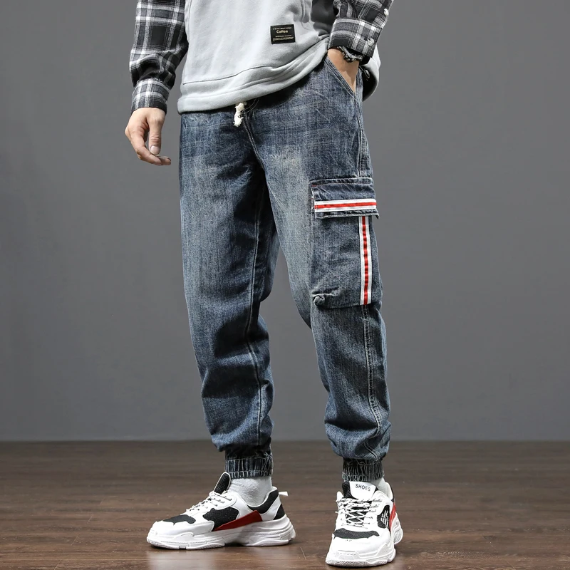 

2021 Streetwear Men Jeans Loose Fit Retro Blue Printed Designer Harem Trousers Slack Bottom Hip Hop Jeans Joggers Pants Homme