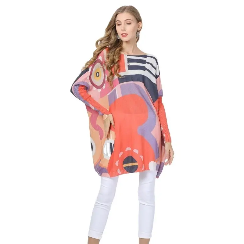 

Loose Large Size Women's Printed Collar Pullover Long Sleeve Cashmere Cardigans Sweater O-neck