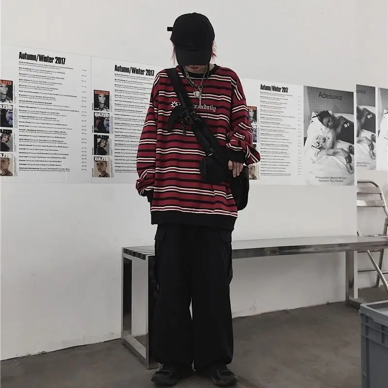 NiceMix Винтажная футболка Базовая Свободная Повседневная полосатая с принтом