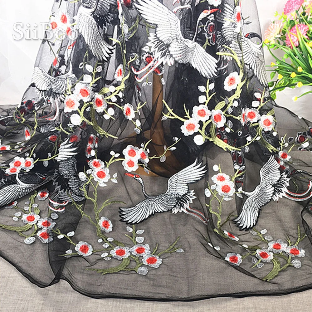 Элегантная сетчатая кружевная ткань с цветочной вышивкой журавля для свадебного