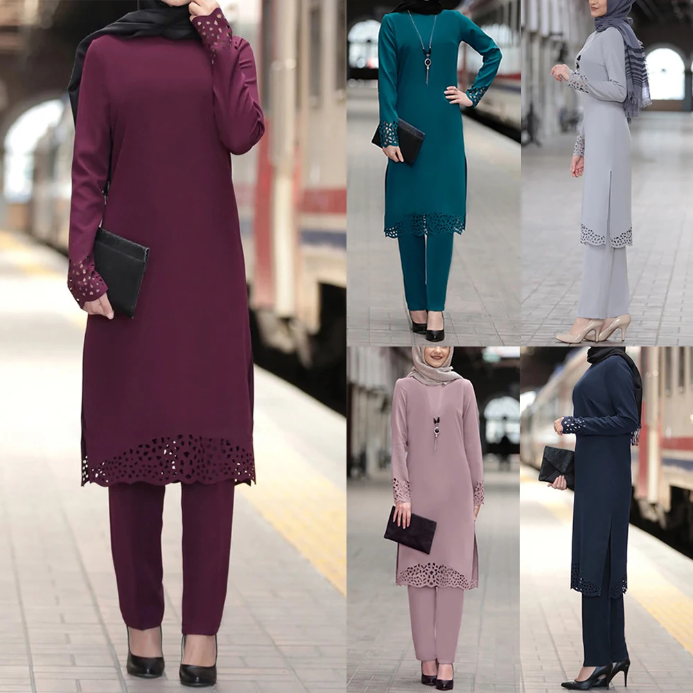 

Ramadan Eid Muslim Dress Women 2pecs Set Top and Pants Dubai Abaya Lace up Ropa Kaftan Turkey African Islamic Clothing Dress Set