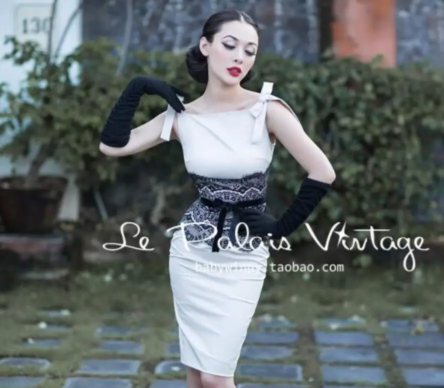 

Le Palais Vintage Elegant White Satin Dress Women Summer Black Lace Bodycon Dress Robe Femme Slash Neck Sleeveless Dresses