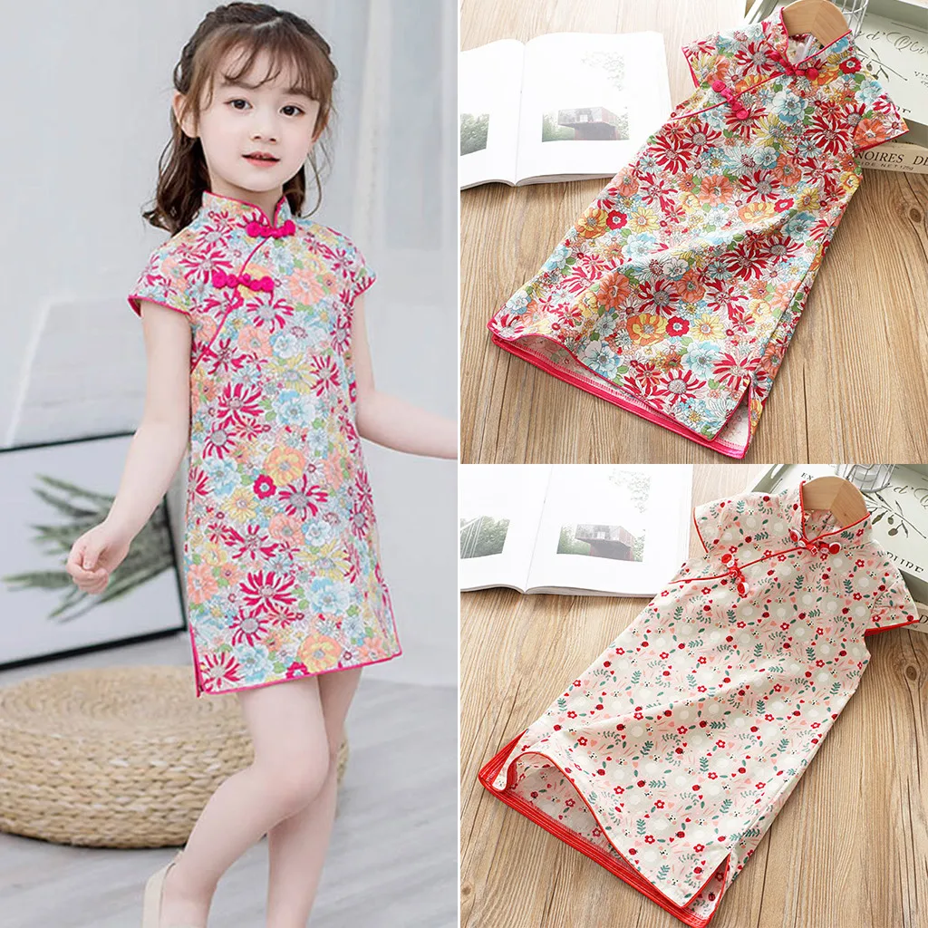 Платье-Чонсам для маленьких девочек в китайском стиле с цветочным рисунком и