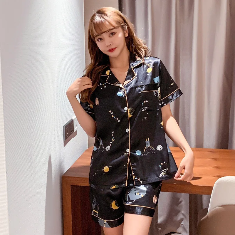 2021 Summer New Ice Silk Couple Pajamas Suit Short Sleeve Shorts Men's Women's Pajamas Home Wear Underwear Sleepwear Nightwear
