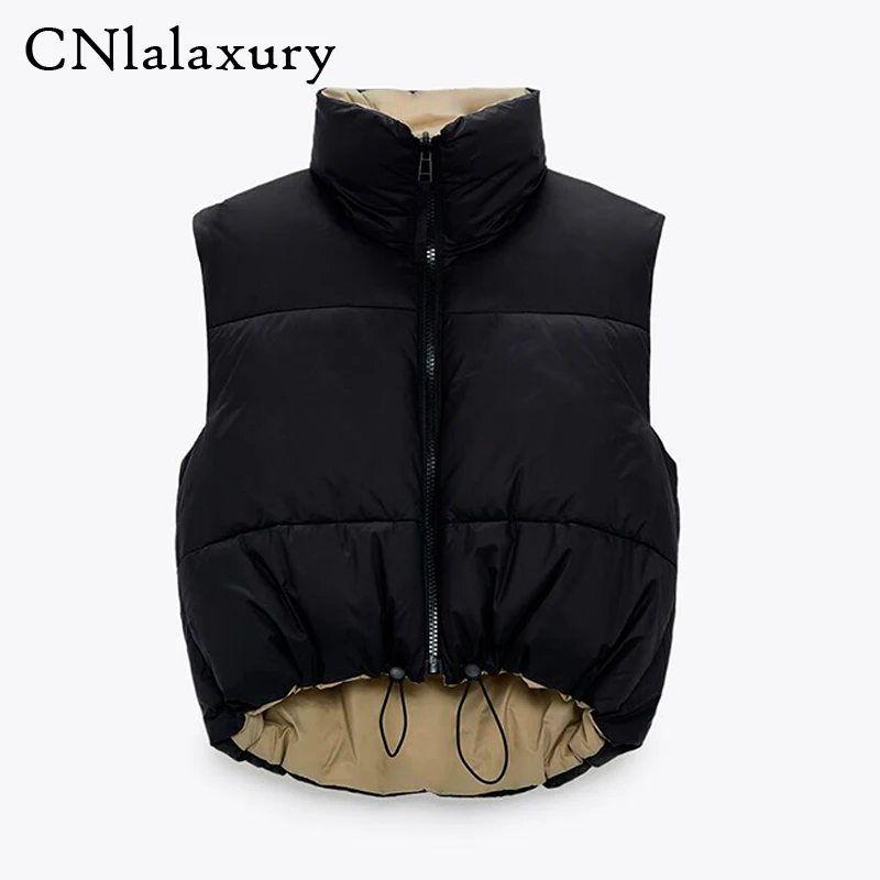 

2021 Spring Black Cropped Vest Coat Women Fashion Warm Sleeveless Parkas High Collar Waistcoat Female Casual Outerwear Chic Top