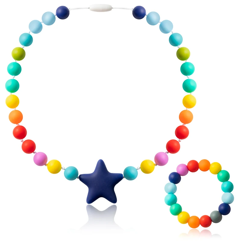 

2Pcs Silicone Beads Sensory Chewing Teether Toy Rainbow Color Necklace Bracelet Jewelry Food Grade Birthday Gift for Baby
