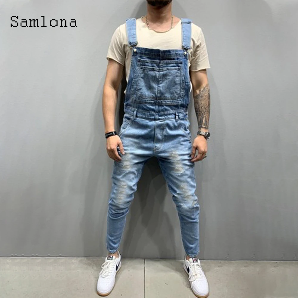 2021 European and American style Men's Fashion Jeans Demin Overalls Light blue Hip Hop Strappy Jumpsuits Casual Denim pants images - 6