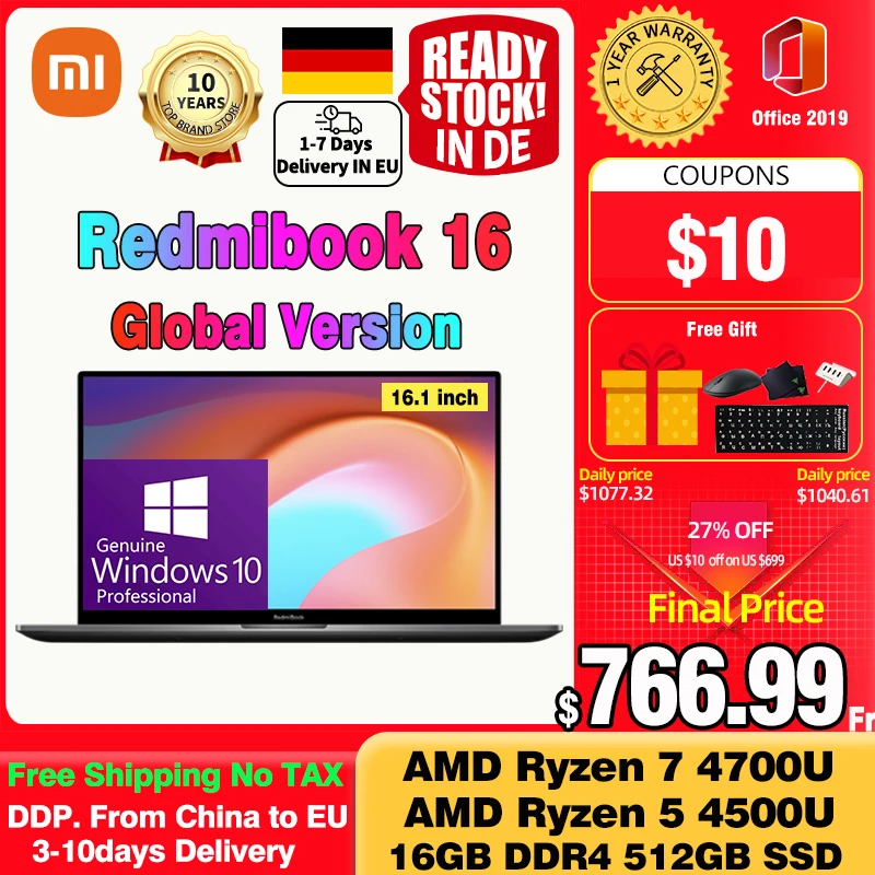 Ноутбук Xiaomi RedmiBook 16 AMD Ryzen 4700U/4500U 1 дюйма полный экран 100% sRGB 8 ГБ/16 ГБ DDR4 512 Гб SSD