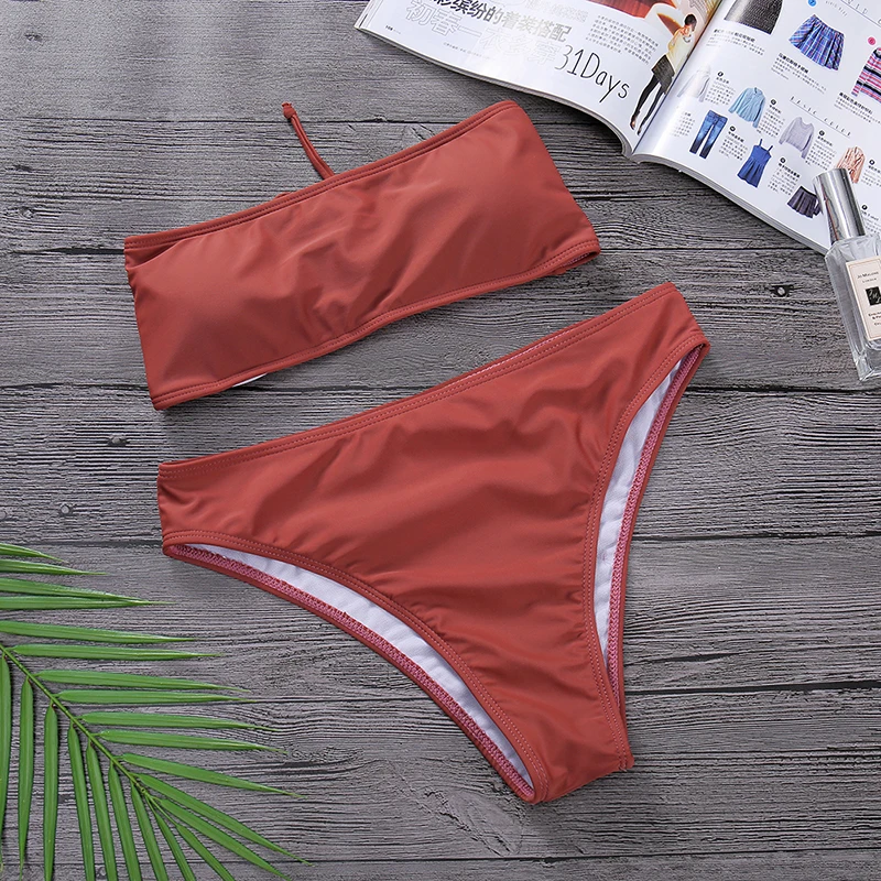 

Sexy Bandeau Bandage Bikini 2021 New Female Solid High Waist Swimsuit Two Pieces Split High Cut Biquini Women's Bathing Suit
