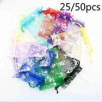 25 50pcs7x9cm organza bag butterfly design wedding bag jewelry packaging bag color matching candy bag bag wedding party decor