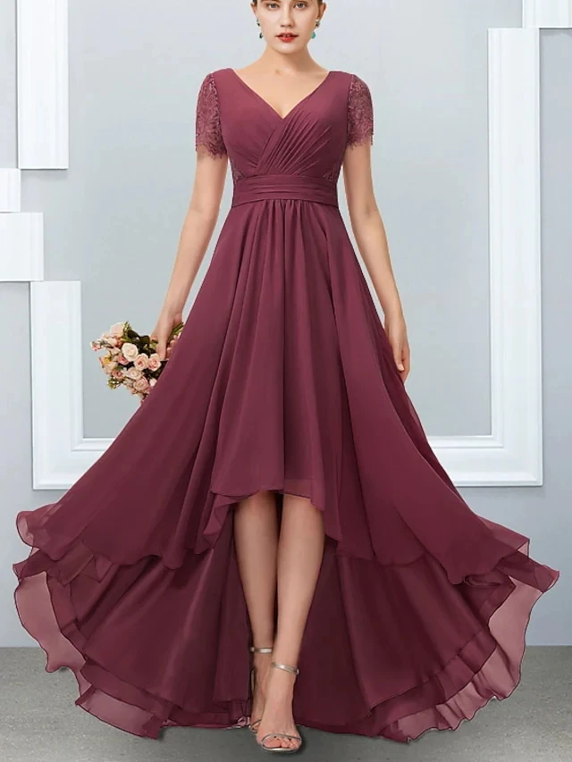 

Женское вечернее платье с V-образным вырезом, темно-бордовое Плиссированное шифоновое кружевное платье с коротким рукавом, бальное платье Дубая для выпускного вечера