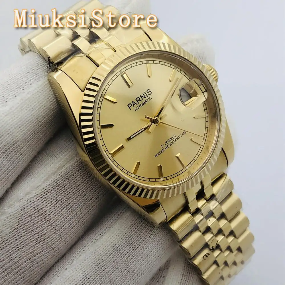 Женские Классические Механические часы Parnis 36 мм золотой чехол с сапфировым