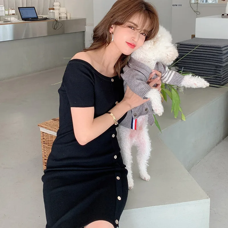 Robe tricotée à une épaule pour femmes, mode coréenne, tenue d'été, nouveau style, taille amincissante, hanches, bureau, sans manches