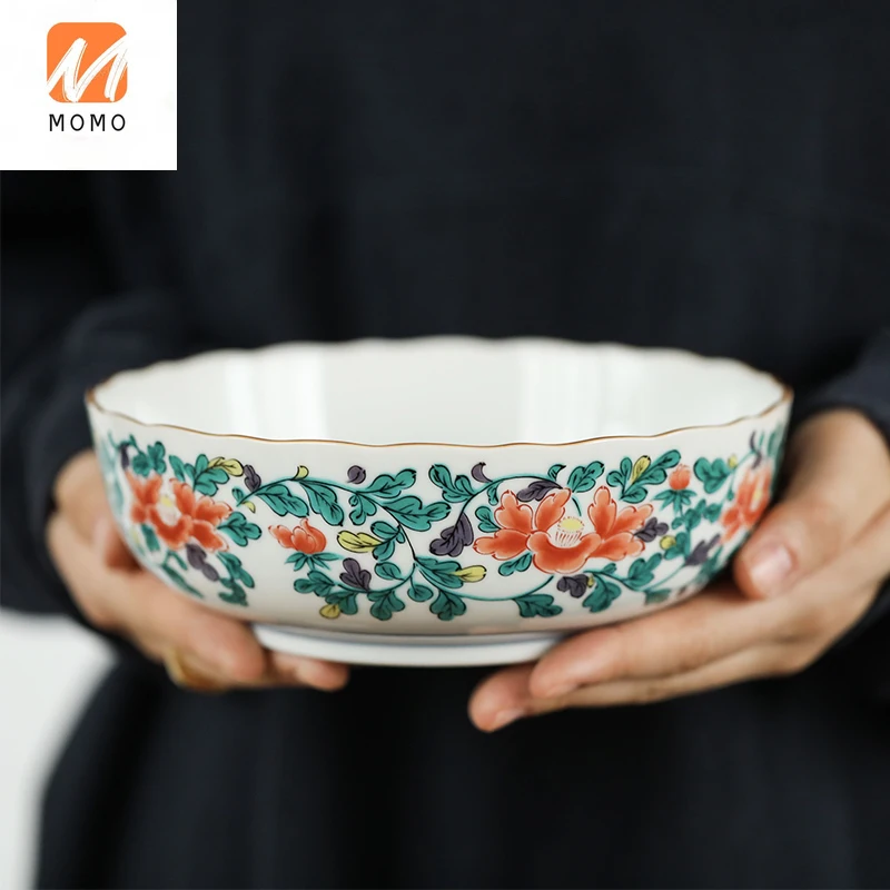 

Ceramic Tableware Large Bowl Peony Pattern Bowl Salad Deep Plates Large Ramen Soup Bowl
