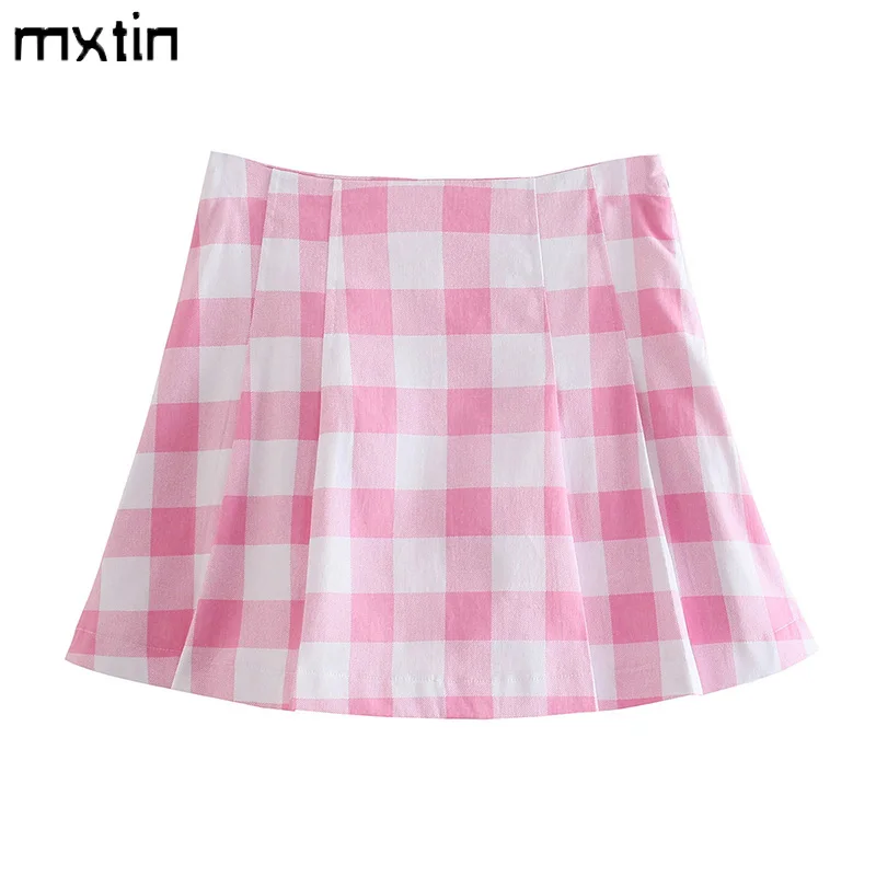 

MXTIN 2021 Women Summer Vintage Plaid Folds Shorts Skirts Fashion Sweet High Waist Fly Side Zipper Ladies Casual Shorts Vestidos