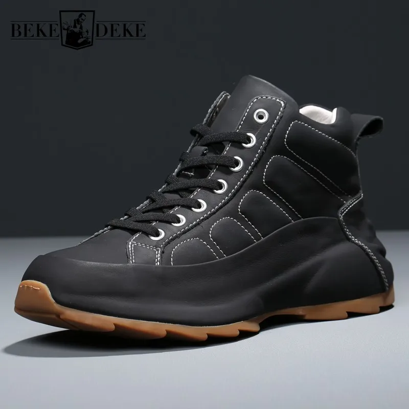 

Street High-Top Shoes Men Luxury 100% Real Leather Platform Sneakers Lace-Up Winter 2022 White Ankle Boots Footwear Zapatillas