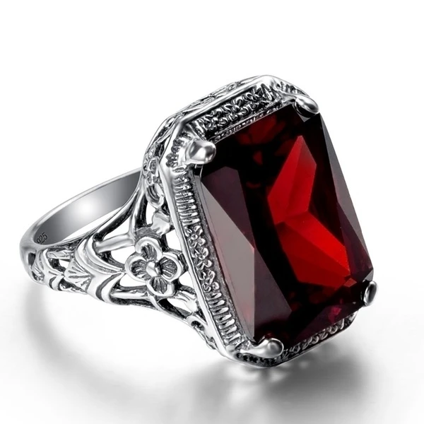 

Vintage Large Square Red Crystal Stone Rings for Women Wedding Engagement Gift Hollow Flower Ring Silver Color Charm Jewelry