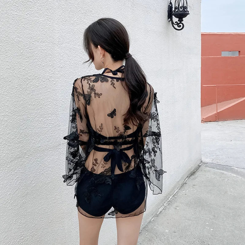 

2020 New Swimsuit Lace Long-Sleeved Sunscreen Swimsuit Women's Three-Piece Sexy Beach Bikini Split Swimsuit