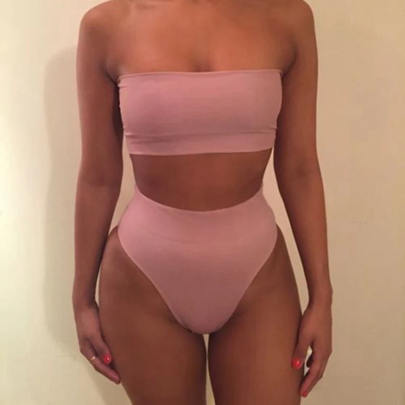 

2021 Sexy High Waisted Strapless Tube Top Bikini Set Swimsuit Two Piece Solid Swimwear Brazilian Beachwear Women Bandeau Biquini