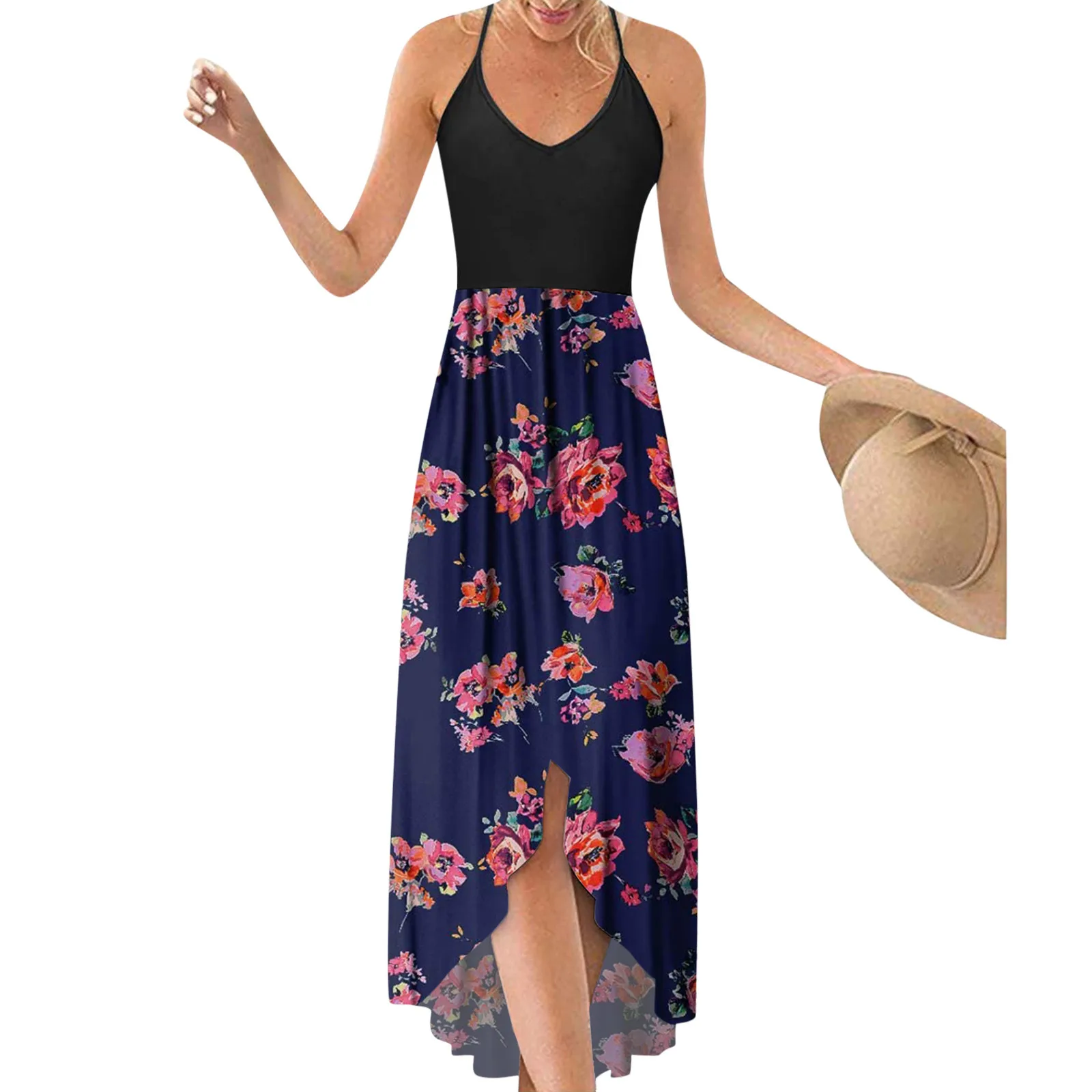 

Women's Sleeveless Dresses Casual Floral Printing Dress Beach Dresses Long Maxi Loose Dress Vestidos D4