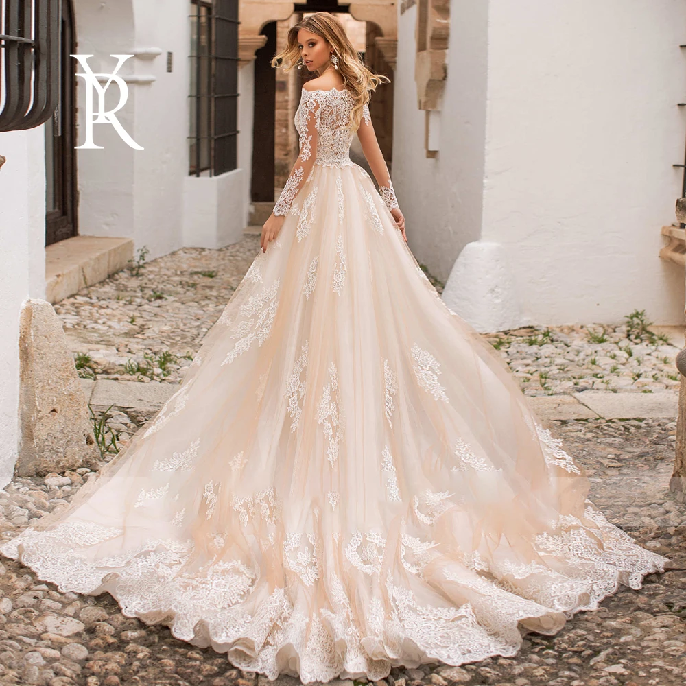 

YILIBER Mermaid wedding dress lace champagne one shoulder long sleeve wedding gown luxury retro embroidery applique