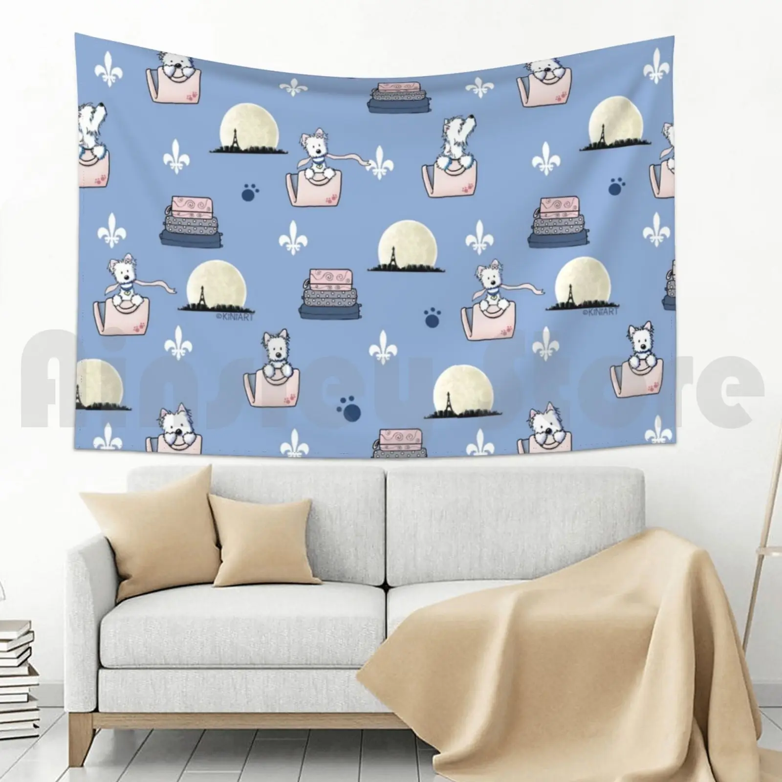 Kiniart Westies In Paris Tapestry Living Room Bedroom Westie Terrier West Highland