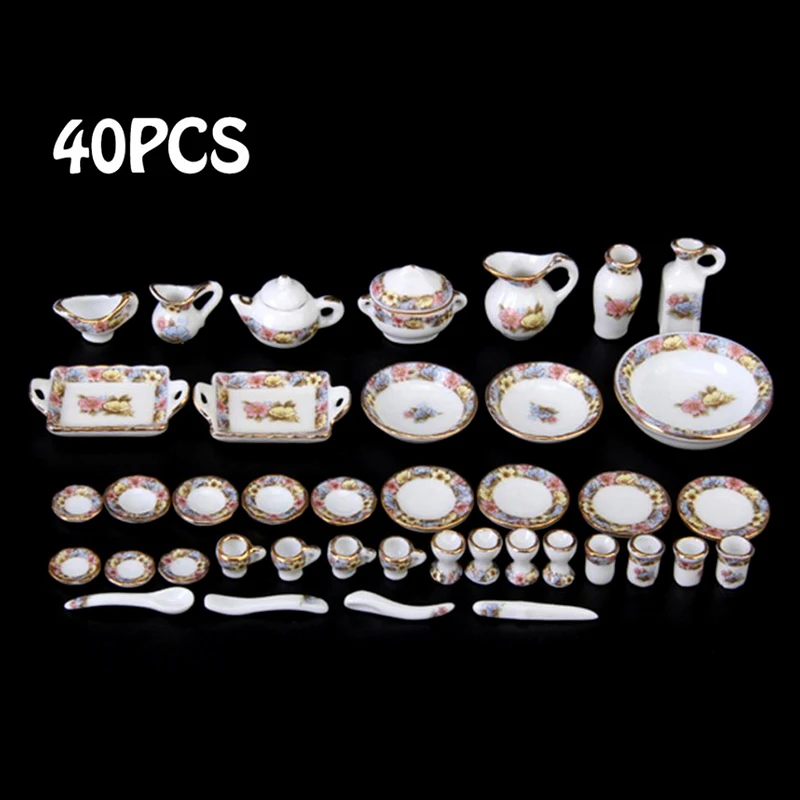 

Hot sale 40Pcs 1:12 Dollhouse Miniature Tableware Porcelain Ceramic Tea Cup Dishes Set