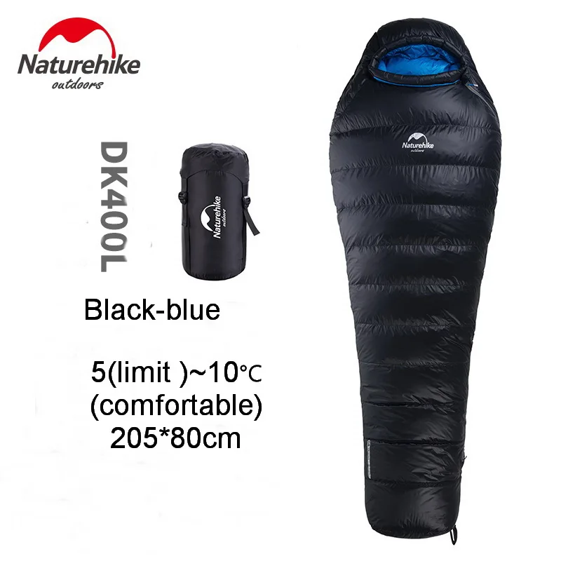 DK400L black-blue 90% утиный пух Мумия спальный мешок сплайсинга одиночные перо спальные мешки для кемпинга Пешие прогулки зимний горький холодный с компрессионным мешком - Цвет: DK400L black-blue