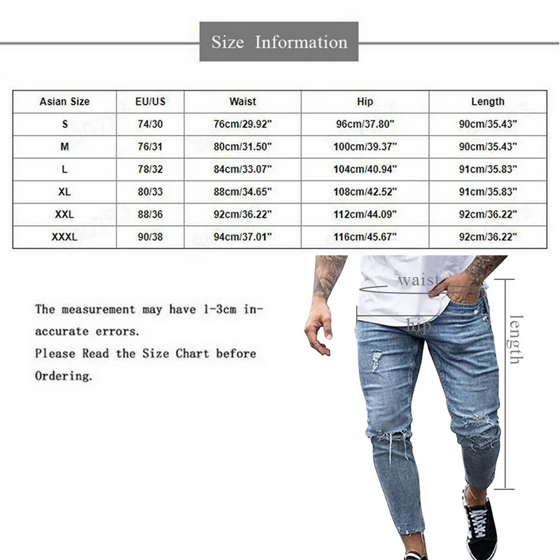 

Nice High Street Men Jeans Ripped Skinny Jean Pants Hip Pop Fashion Men Jeans Vogue Denim Trousers Streetwear Distressed Jeans