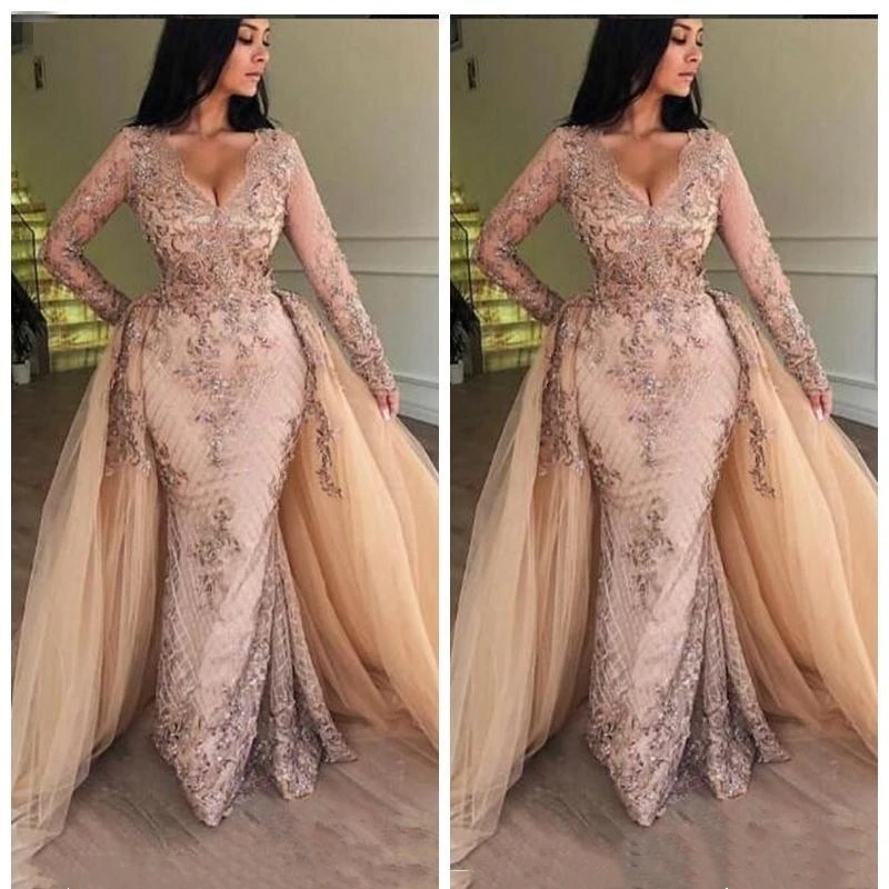 

New V Neck Lace Mermaid Prom Dresses Long Sleeves Tulle Applique Floor Length Formal Party Evening Dresses With Detachable