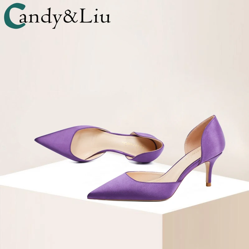 

Purple Satin Sandals High Heels Women's 2021 New Sexy Hollow 6cm Set of Feet Shallow Mouth Pointed Tips Fine Heels