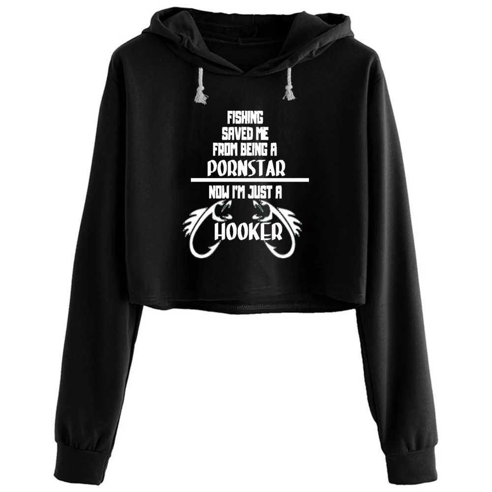 

Fishing Saved Me Crop Hoodies Women Emo Aesthetic Kpop Korean Pullover For Girls