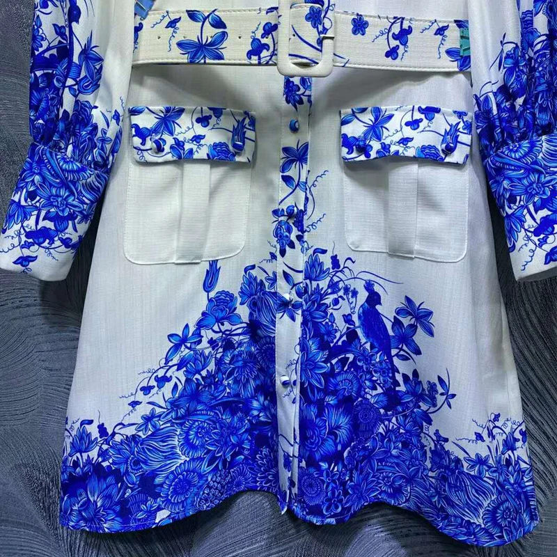 

SEQINYY Mini White Dress Blue Vase Flowers Print 2020 Summer Spring New Fashion Design High Quality Beading Belt Runway