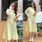 Осенняя одежда с рукавами, простой стиль, тонкое, скрывающее живот светильник-желтое длинное, повседневное вязаное осеннее платье