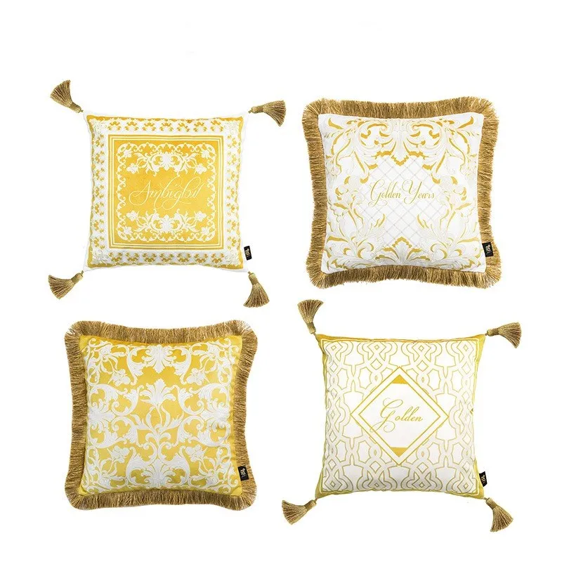 

European Classic Puff Jacquard Decorative Pillow Cover Velvet Tassel Cushion Cover Throw Pillow Case Golden 2pcs/pack 45x45cm