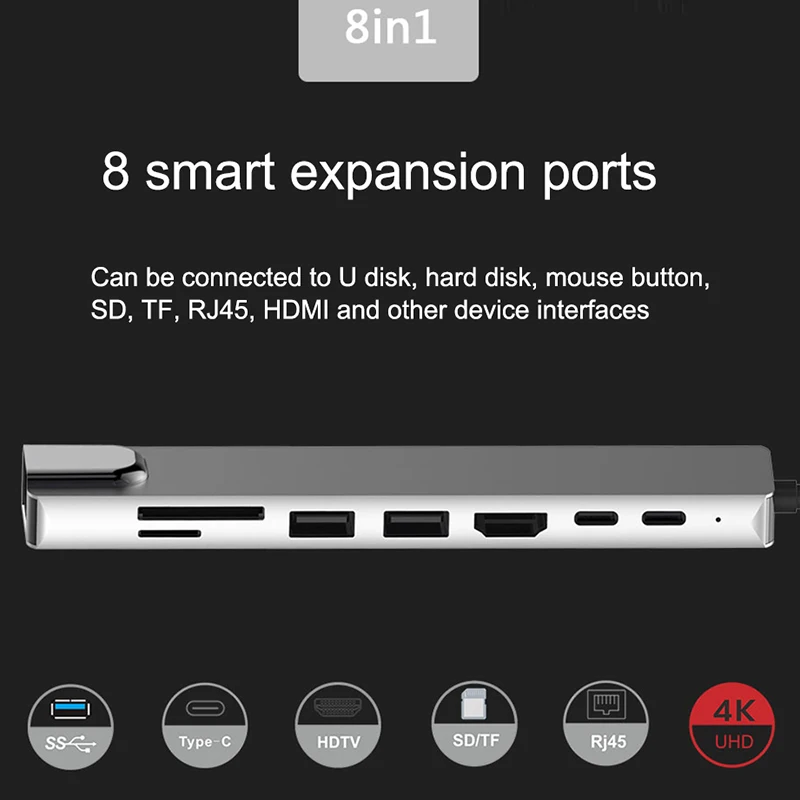 

8 in 1 USB 3.0 High Speed Ports Type-C Hub Usb-C to 4K 30HZ HD Laptop Rj45 Gigabit Ethernet Network PD