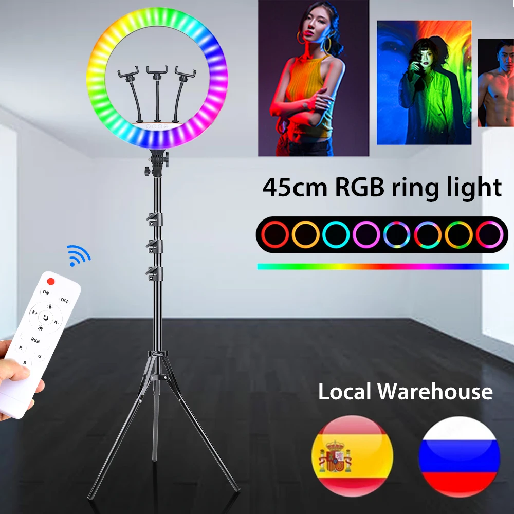 

18 inch 45cm RGB Ring Light Professional Photography Lighting Kit With Tripod Stand Phone Clip Selfie Lamp For Live Streaming