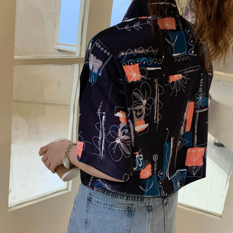 

Blouses Womens Summer Printing Single Breasted Turn-down Collar Pockets Retro Loose Streetwear 2020 Trendy Patchwork Lovely New