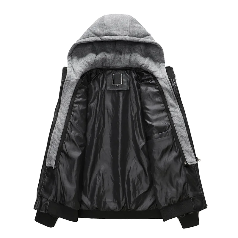

Winter Jacket Men Hooded Black Leather Jacket Motorcycle Coat Slim Fit Autumn Outwear Biker Coat Detachable Hat Casual Jacket