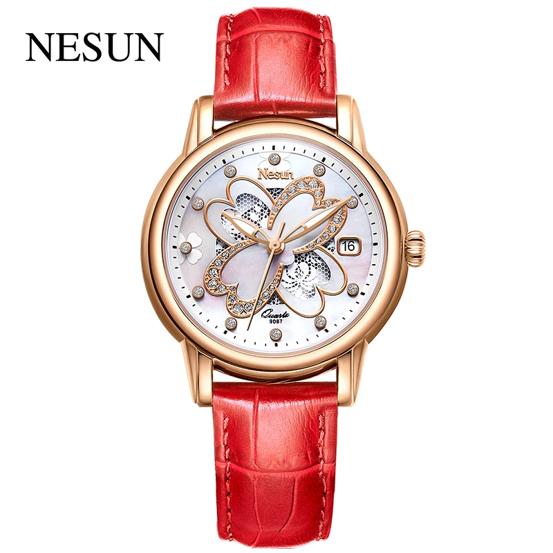 Top Brand NESUN Women Fashion Casual Japan Miyota Quartz Movement Wristwatches Red Leather Band 100M Waterproof Four Leaf Clover