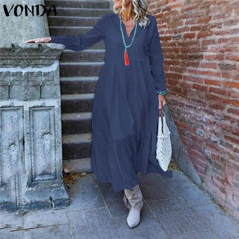 Женское повседневное однотонное платье VONDA свободное Плиссированное длинное с